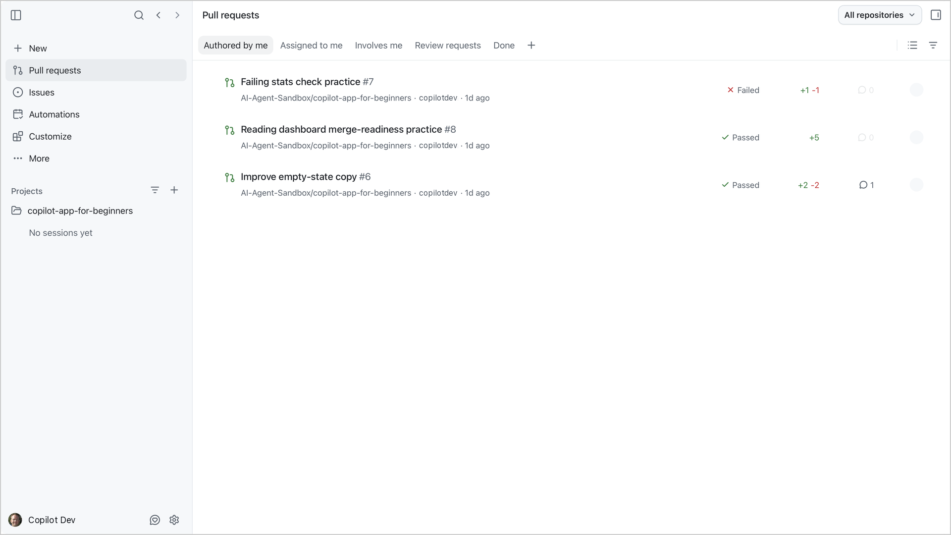 Pull requests view