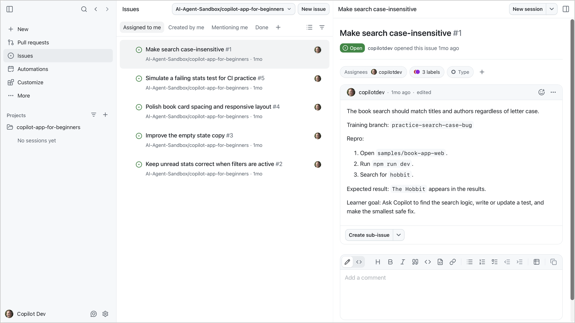 Make search case-insensitive issue open in the Issues view