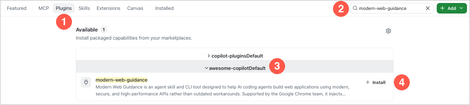 Customize Plugins with callouts for Plugins, search, the awesome-copilot marketplace, and Install