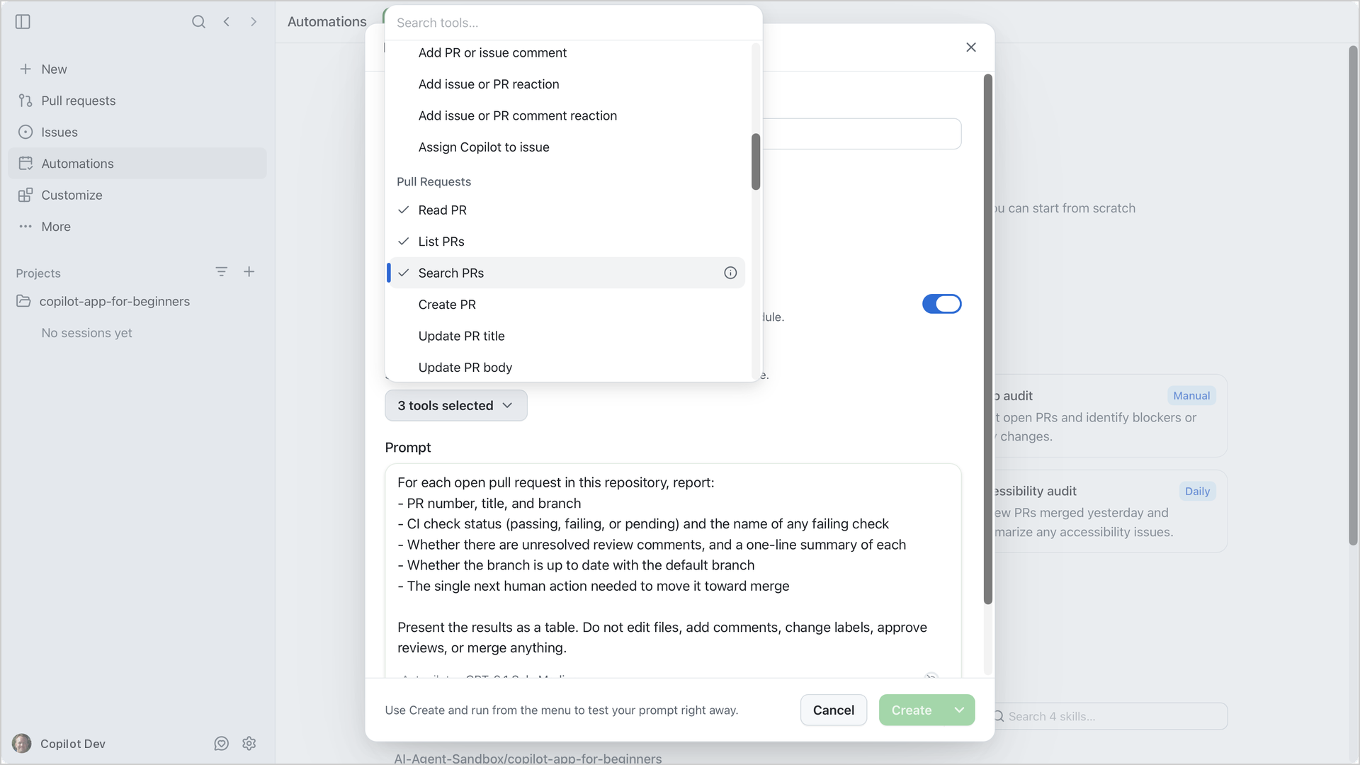 Cloud automation Tools selector with Read PR, List PRs, and Search PRs selected, showing 3 tools selected while write tools such as Create PR are cleared